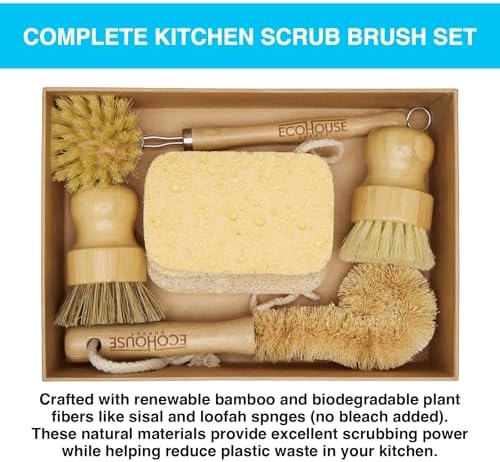 ECOHOUSE SUPPLY™ Bamboo Dish Brush Set – 6-Piece Natural Fiber Kitchen Brush Set with Loofah Sponges (No Bleach), Sisal & Palm Scrubbers – Non-Toxic, Eco-Friendly, Plastic-Free Dish Cleaning Brushes. - Image 2