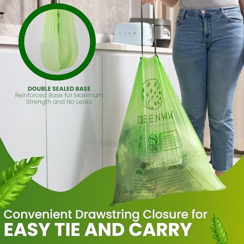 GREENWAY 13 Gallon Compostable Drawstring Trash Bags – Extra Thick 1.0 Mil – 50 Count – BPI & OK Home Certified – Leak‑Proof Kitchen Garbage Bags for Food Waste, Diaper Pails & Tall Bins - Image 3