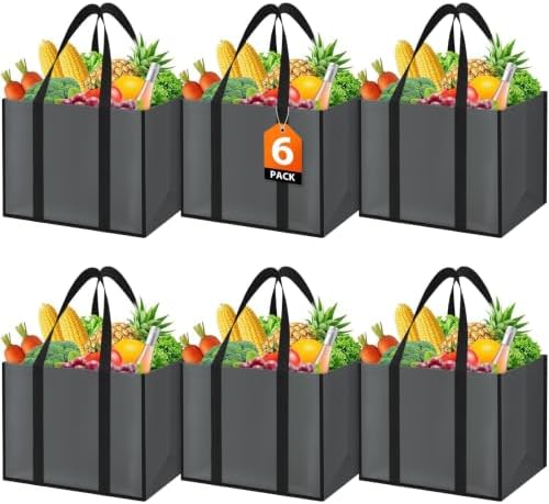 WISELIFE Reusable Grocery Bags, Foldable, Lasting Use, 35L, 6 Pack, Gray by WiseLife