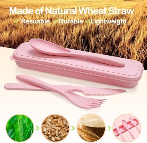 YDYTOP Reusable Travel Utensils Set with Case, 55 Sets Wheat Straw Knife Fork Spoon Cutlery, Multicolor Plastic Silverware for Kids and Adults, School Lunch, Party, Picnic and Camping - Image 2