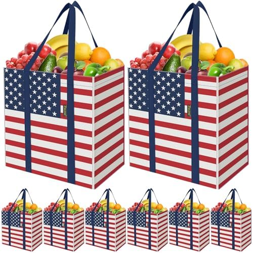 BALEINE 8 PK Grocery Bags Reusable Shopping Bags with Reinforced Bottom, Heavy Duty Foldable Tote Bags (Patriot Celebration) by BALEINE