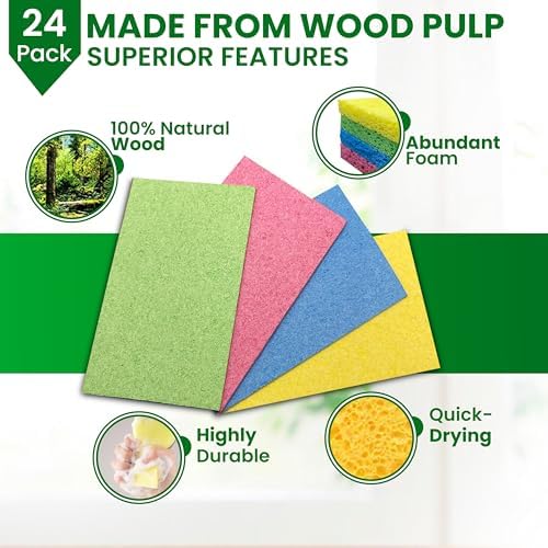Cellulose Sponges – 24-Pack Multicolored Compressed Natural for Kitchen – Plant-Based, Biodegradable, Non-Scratch, Quick-Dry, Super-Absorbent for Dishes & Surfaces - Image 2