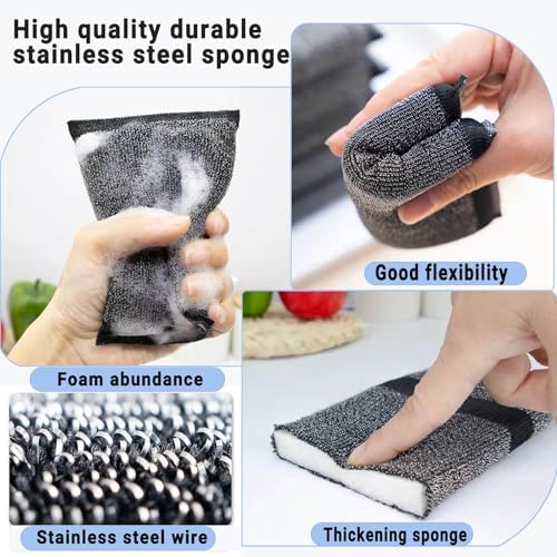 Steel Wool Scrubber Dish Sponges - Kitchen Scrubbing Pads Pot Scrubber for Kitchen Non Scratch, Soft and Fast sponges for Cleaning (6 Pack) - Image 3