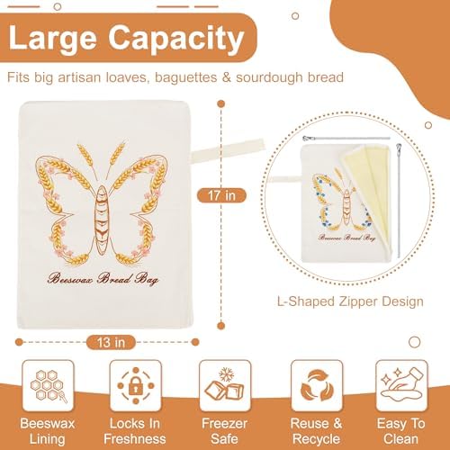Beeswax Sourdough Bread Bags for Homemade Bread (2 Pack) – Wide Opening Zipper Seal, XL Reusable Cotton Sourdough Bread Bags to Keep Freshness, Natural Bees Wax Lining Bag for Artisan Loaf - Image 4