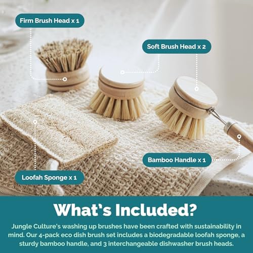 JUNGLE CULTURE Bamboo Dish Brush • 3 Swap Heads & Loofah Sponge • 4 Piece - Image 2