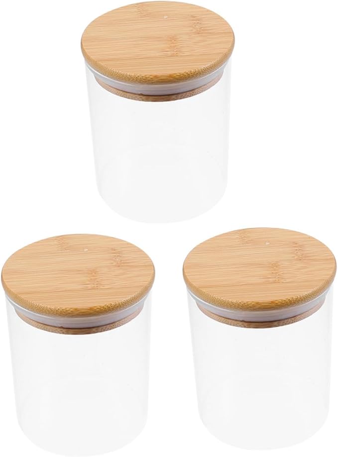 3 Pcs Glass Storage Jars with Wooden Airtight Lids Kitchen Sealed Containers for Snacks Tea Candy Flour Pantry Organization