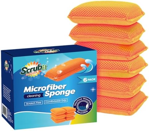 Commercial Miracle Microfiber Kitchen Sponge by Scrub-It - Large - Non-Scratch Heavy Duty Dishwashing Cleaning sponges- Machine Washable- (Orange, 6 Pack) by SCRUBIT