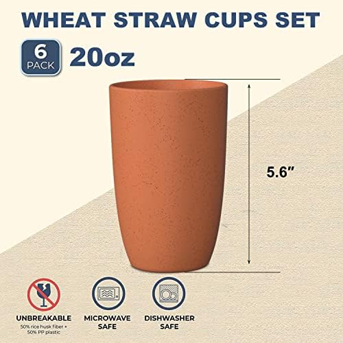 Wrova Wheat Straw Cups 6 PCS Good Alternative to Plastic Reusable Cups 20 oz Unbreakable Drinking Cup Reusable Dishwasher Safe Water Plastic Glasses Orange - Image 2