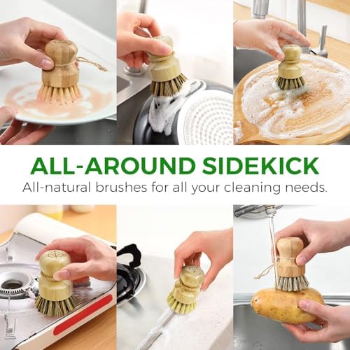 Bamboo Dish Brush Set of 3 and Biodegradable Cellulose Compressed Sponges Pack of 16-100% Plant-Based Cleaning Sponges and Kitchen Dish Brush Bamboo with Sisal and Coconut Bristles, 2 Brush Types - Image 6