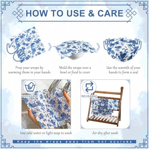 Tigeen 9 Pcs Reusable Beeswax Wrap for Food, Blue Chinoiserie Beeswax Paper - Image 3