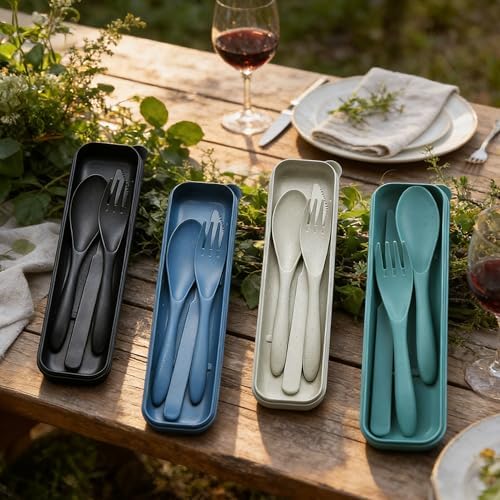 Reusable Travel Utensils Set with Case, 4 Pack Wheat Straw Portable Cutlery - Image 7