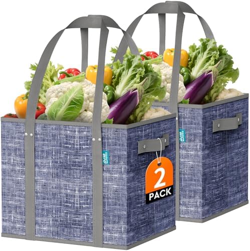 Fab totes Reusable Grocery Bags, Large Foldable Shopping Tote Bags with Reinforced Handles & Hard Bottom,2 Pack,Blue by Fabtotes