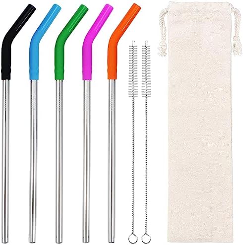 Lazycorner Reusable Stainless Steel Straws Metal Straw with Silicone Tip 5 Pcs 8mm Wide for 20/30/32oz Tumblers Smoothies and Shakes with 2 Cleaning Brushes,1 Portable Bag (Silver) by Lazycorner