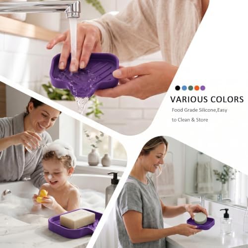 MicoYang Silicone Soap Dish with Drain Spout, Self-Draining Sink Organizer Tray for Bathroom and Kitchen, Sponges, Dispensers and Soap Holder, Non-Slip and Dishwasher Safe, Purple (Compact, 4.9"×3.2") - Image 4