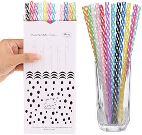 Dakoufish 12 Piece 8 Inch Reusable Plastic Thick Drinking Straws BPA Free Mason Jar Straws Transparent Small Stripe (8inch, Mix 12color) - Image 6