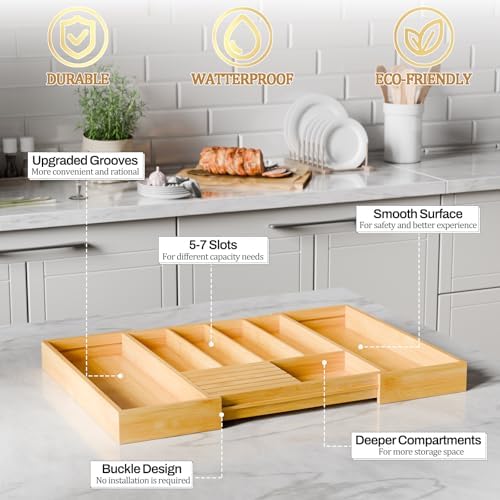 Bamboo Kitchen Silverware Drawer Organizer - Expandable Wood Utensil Holder with Dividers, Luxury Cutlery Storage Tray for Kitchen Utensil and Flatware (5-7 Slots with Removable Knife Block, Natural) - Image 5
