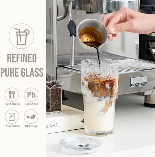 SoulTimes 20oz Ribbed & Floral Glass Tumbler with Lid and Straw – Iced Coffee Glasses Cups for Smoothie, Matcha, Juice, Water etc. Leakproof and Reusable Glassware Drinking for Travel To Go [6Pcs] - Image 4
