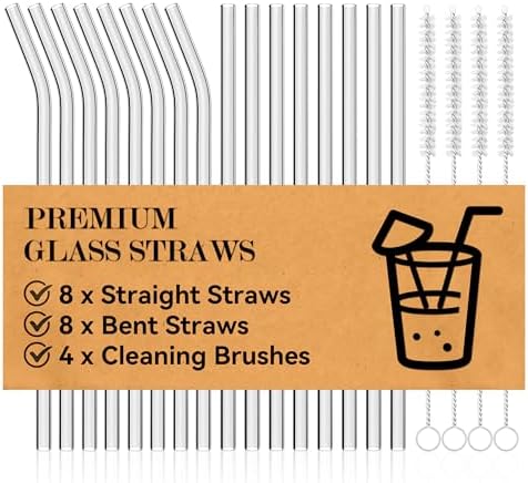 Foogwee® 20 Packs Reusable Glass Straws Set, 8.5'' x 10mm Clear Drinking Straws for Smoothies, Shakes, Coffee, Juice, Sodas, Milk, Tea, Cocktails, Set of 8 Straight and 8 Bent with 4 Cleaning Brushes by FOOGWEE