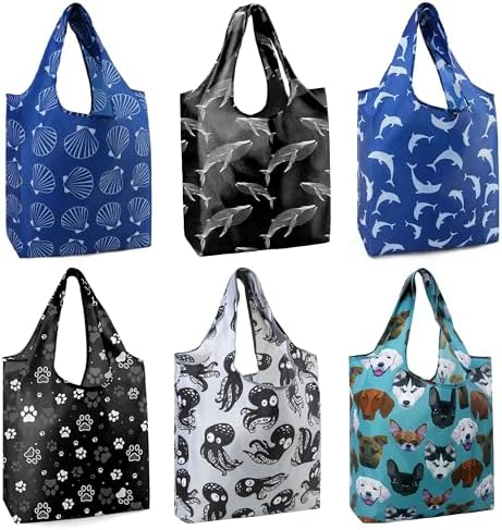 BeeGreen Animal Reusable Shopping Bags Cute Grocery Bag 6 Pack, Christmas Gift Bags Heavy-Duty Foldable Shopping Totes for Supermarket, Work & Travel, Large Washable Polyester Tote Bag with Handles by BeeGreen