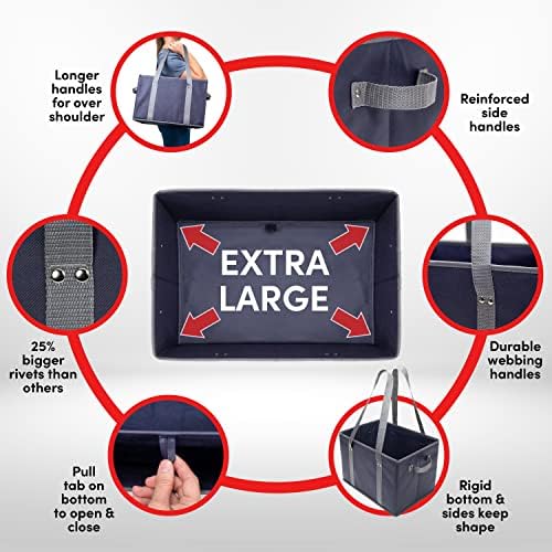 BAG-THAT! 4pk Reusable Grocery Bags Shopping Bags Tote Box Large Heavy Duty Groceries Bag Handles Foldable Reinforced Bottom (Navy Blue/Gray) - Image 3