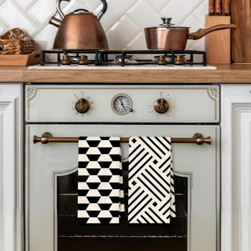 Black and White Kitchen Towels Set of 2, Boho Minimalist Abstract Dish Tea Towels for Kitchen Decor, Retro Mid Century Modern Hand Towels for Bathroom Decor, 16x24 Inches - Image 3