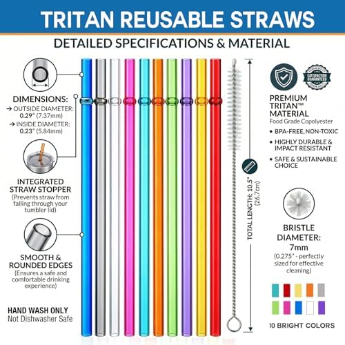 ALINK 10.5" Plastic Reusable Straws, 10 Pack Colorful Tritan Tumbler Straws - Image 2