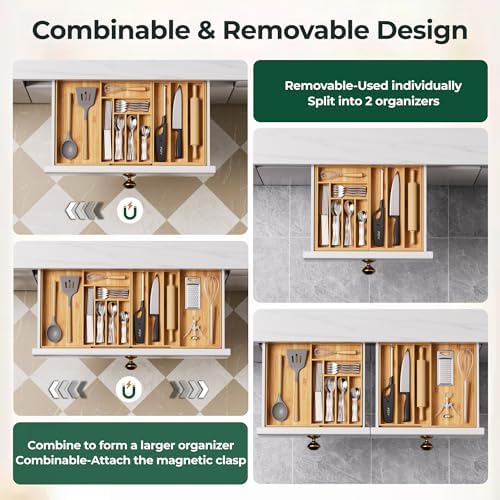Large Silverware Organizer, 11 Slots Magnetic Connected Expandable Acacia Wood Utensil Drawer Organizer From 21 to 37.4 Inches, Adjustable Flatware and Cutlery Holder, Utensil Tray for Kitchen - Image 5