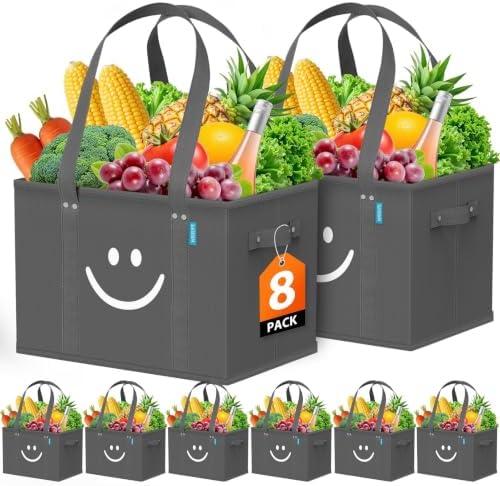 Reusable Grocery Bags 8 PCS, Sturdy Handles & Bottom to Stands Upright by WiseLife