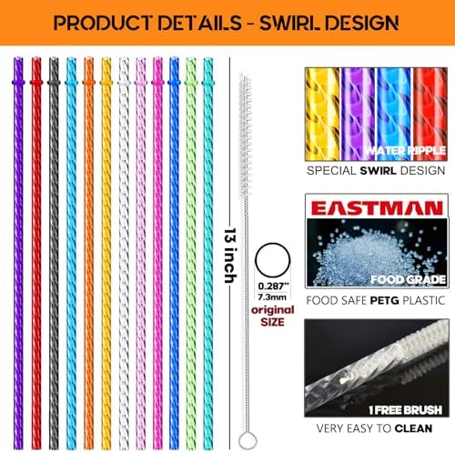 ALINK 12-Pack Reusable Plastic Clear Swirl Straws, 13" Extra Long Colorful Hard Plastic Replacement Straws for 16 OZ 20 OZ 30 OZ Stanley, YETI, Starbucks, Owala Tumblers with Straw Brush - Image 2