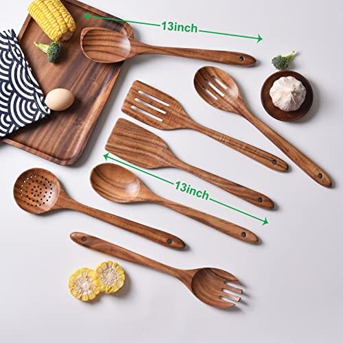 Gudamaye 13 inch Long Wooden Utensils for Cooking, Long Handle Wooden Spoons for Cooking, 7 PCES Crafting Wooden Spoon Set, Wooden Kitchen Utensil set, Natural Teak Wooden utensil Set - Image 2