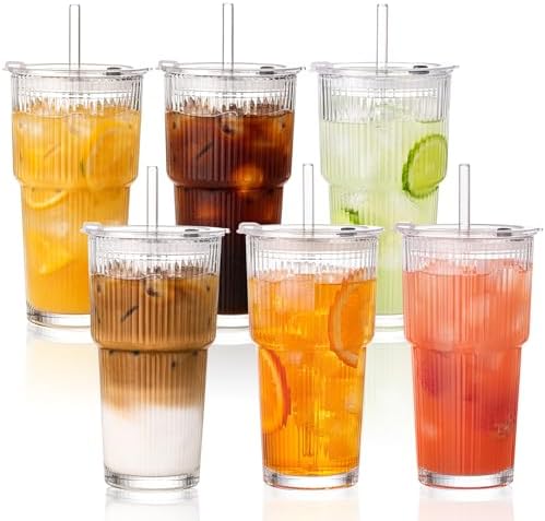 20oz Iced Coffee Cups with Lids, Ribbed Glass Cups with Lids and Straws by GOSCHE