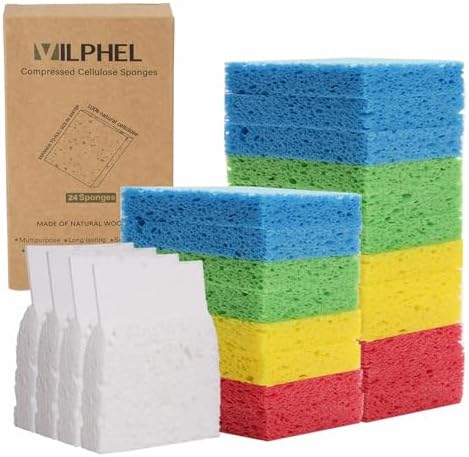 Compressed Natural Cellulose Sponges 24 Pack Regular Size Multicolor Soft Reusable Non-Scratch Long-Lasting Basics Dish Washing Sponges for Kitchen Cookware and Bathroom, DIY Cuts-Out for Fun by NaturalSponges