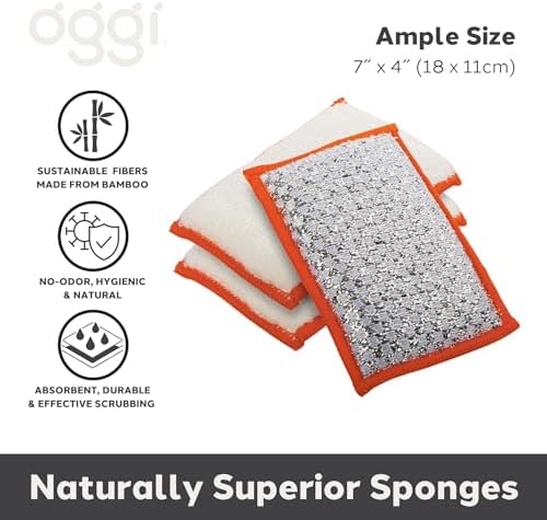 OGGI Bambou Odor-Free Scrubbing Sponges - Natural Scrub Sponges for Dishes, 91% Bamboo-Derived Rayon Cellulose Fiber, Reusable, Absorbent, Durable Scrubbers, Non-Scratch, Washable - 3 pcs, 7x4 - Image 2
