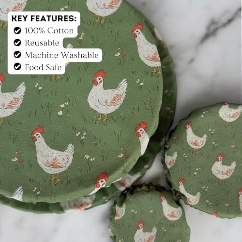 (4-Pack) Sourdough Reuseable Jar & Bowl Covers | Cute Baking Gift | 100% Cotton | Washable | Bread Proofing | Kitchen Food Storage Gifting | Starter Cover Lid Kit (Chickens) - Image 4