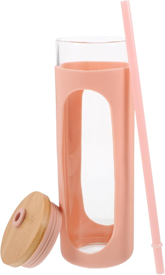 Ciieeo Glass Drinking Cup with Lid and Straw Reusable Glass Tumbler with Silicone Sleeve Coffee and Iced Tea Beverage Water Cup for Home and Travel