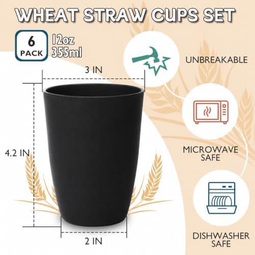 Wrova Wheat Straw Cups Set of 6, 12 OZ Plastic Cups Reusable Kitchen Cups,Dishwasher Safe Water Cups for Kids, Unbreakable Drink Cups for Juice,Ice Coffee,Tea- Black & Gray - Image 2