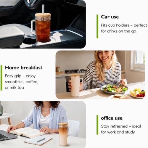 JunVpic Glass Tumbler, 24 oz Ice Coffee Cups with Bamboo Lid and Handle - Image 6