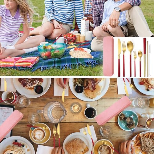 AARainbow 8 Pieces Stainless Steel Flatware Set Portable Reusable Cutlery Set Travel Utensils Set Including Chopsticks Knife Fork Spoon Straws Cleaning Brush Dishwasher Safe (B-Red Golden) - Image 7