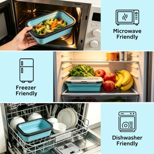 Decorwell 4 Collapsible Food Storage Containers, 12/17/27/40 oz Food-Grade Silicone Set, Leakproof Food Containers for Kitchen Office Camping Picnic, Blue - Image 6