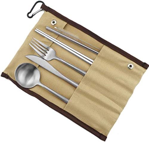 Reusable Travel Utensils, 7 Pieces Portable 18/10 Stainless Steel include Knife Fork Spoon Chopsticks Cleaning Brush Straws Portable Pouch, Eco-friendly Camping Silverware Set, Dishwasher Safe - Image 2
