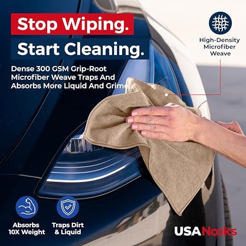 USANOOKS Microfiber Cleaning Cloth - Beige - 12Pcs (12.5x12.5 inch) High Performance - 1200 Washes, Ultra Absorbent Car Towel Traps Grime & Liquid for Streak-Free Mirror Shine - car Washing Cloth - Image 6