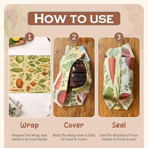 Reusable Beeswax Food Wrap Roll - Cut-to-Size 15 x 80 in, Eco-Friendly Food Storage Wrap, Bees & Veggies Garden Vegetable Design - Image 4