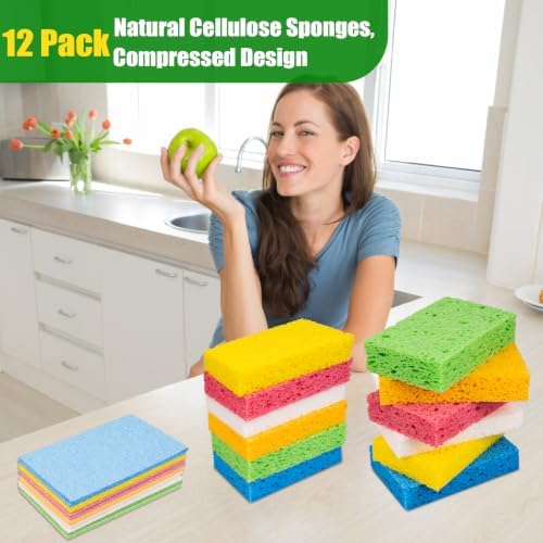 12 Pack Kitchen Sponges, Compressed Cellulose Non-Scratch for Dish Washing - Image 7