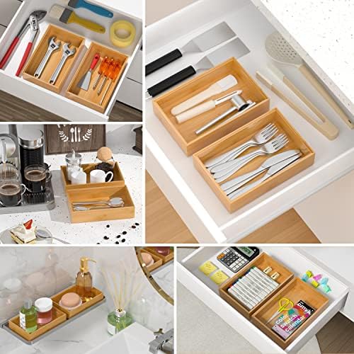 VeyFey Silverware Tray for Drawer, Stackable Kitchen Bamboo Drawer Organizer 9" x 6" x 2" Set of 2 - Image 4