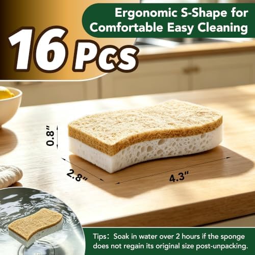 16 Pcs Natural Kitchen Sponges, Non-Scratch Dishwashing - Image 2