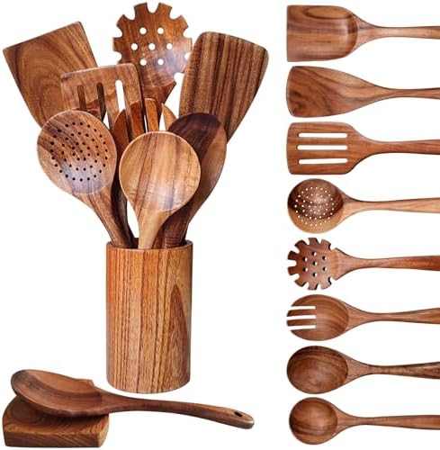 Wooden Spoons for Cooking 10 Pieces Set, Kitchen Utensils Spatula, Wooden Cooking Utensils Spoons, with Spoon Rest, Strainer Spoon, Pasta server, Fried Spatula and Salad Fork, Utensil Holder by YYLTJR