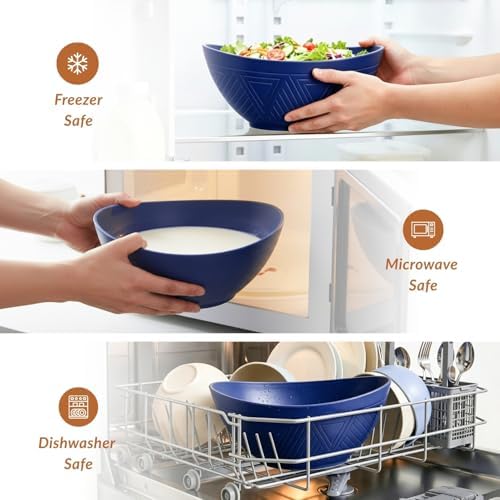 Homienly Wheat Straw Bowls, 9.6 inch Salad Bowls, Large Serving Dishes for Wedding Parties, Camping, 60 OZ Bowl Set for Salad, Popcorn, Oval Shape, Microwave & Dishwasher Safe, Set of 4, Dark Blue - Image 5