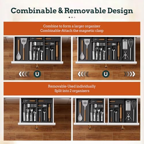 Silverware Organizer Large, Magnetic Connected Expandable 13 Slots Silverware Drawer Organizer From 21 to 37.4 Inches, Adjustable Flatware and Cutlery Holder, Bamboo Utensil Tray for Kitchen Black - Image 5