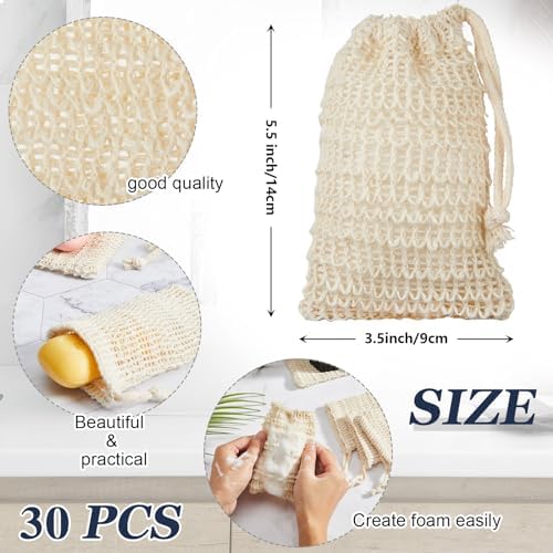 Umigy 60 Pcs Soap Bag Holder Kit, Sisal Mesh Bamboo Tray, Beige, Charcoal - Image 2
