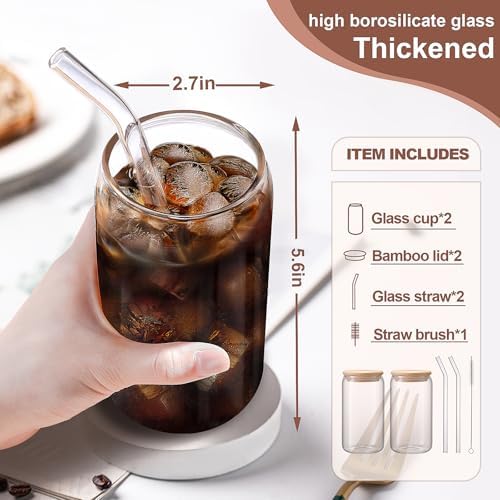 DWTS DANWEITESI Iced Coffee Cups with Lids 2 pcs,16 oz Glass Cups with Lids and Straws as Coffee Bar Accessories,Beer Drinking Glasses,Reusable Glass Tumbler,Cute Coffee Cups for Coffee, Juice, Gifts - Image 3